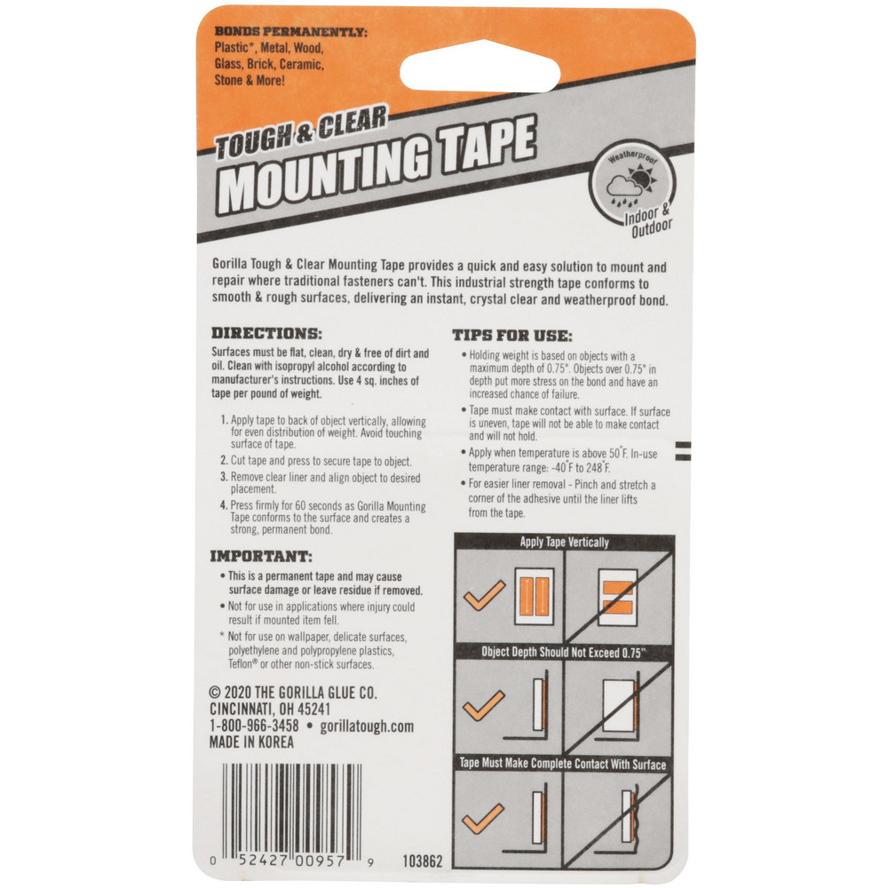 Gorilla Glue Double Sided Tape; Width (Inch) 2; Thickness (mil) 39.