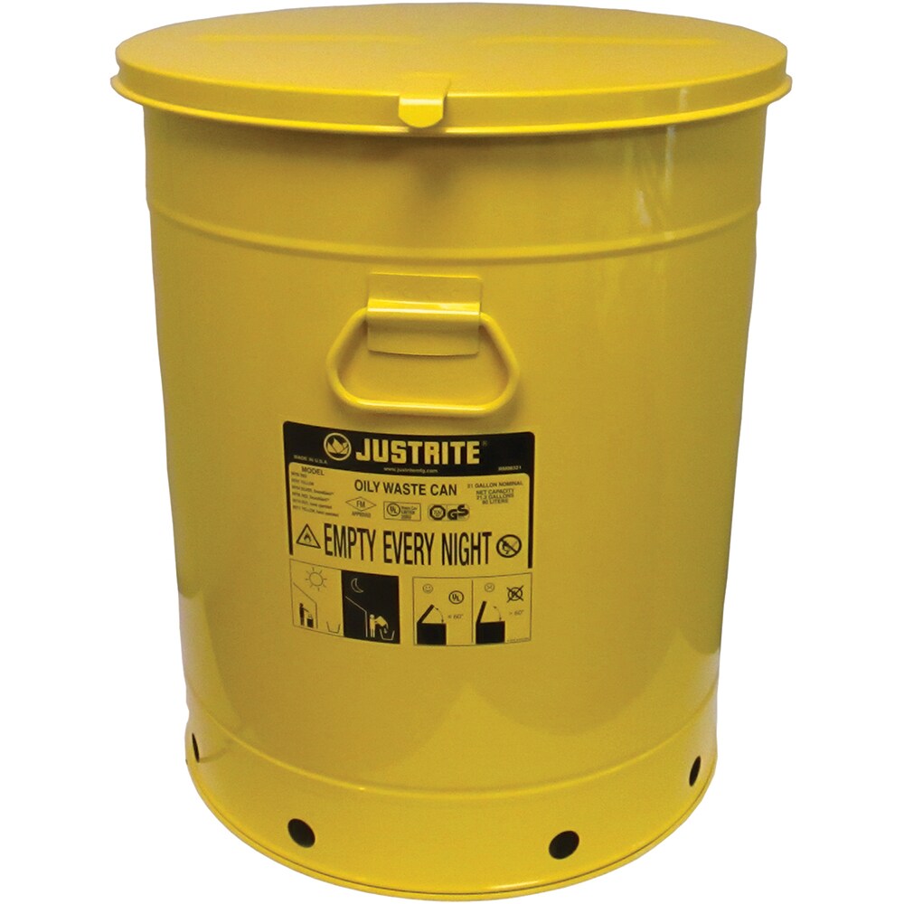 Oily Waste Cans & Receptacles; Capacity (Gal.): 21.000 ; Opening Style: Hand Operated ; Color: Yellow ; Material: Steel ; Height (Inch): 23.5 ; Height (Decimal Inch): 24.000000