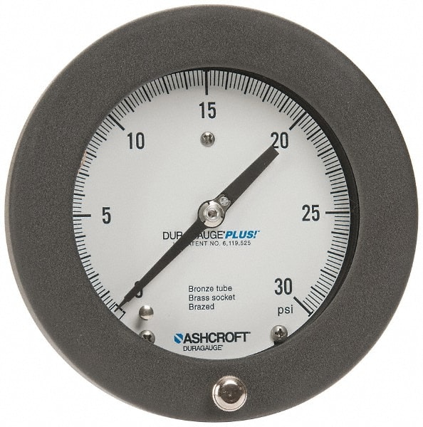 Ashcroft 93108XLL Pressure Gauge: 4-1/2" Dial, 0 to 30 psi, 1/4" Thread, MNPT, Center Back Mount 
