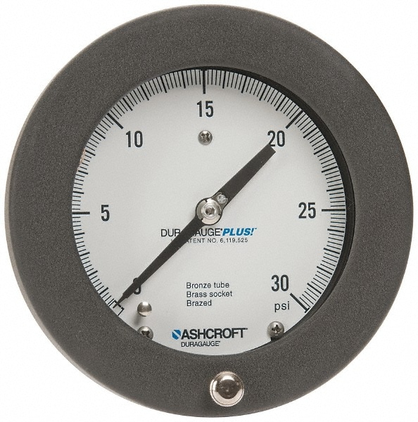 Ashcroft 93108XLL Pressure Gauge: 4-1/2" Dial, 0 to 30 psi, 1/4" Thread, MNPT, Center Back Mount Image