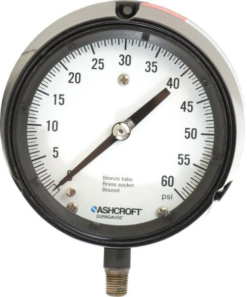 Ashcroft 96216 Pressure Gauge: 4-1/2" Dial, 0 to 60 psi, 1/4" Thread, MNPT, Rear Flange Mount 