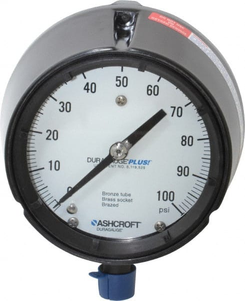 Ashcroft 96225 Pressure Gauge: 4-1/2" Dial, 1/2" Thread, Rear Flange Mount 