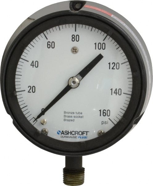 Ashcroft 96226 Pressure Gauge: 4-1/2" Dial, 0 to 160 psi, 1/2" Thread, MNPT, Rear Flange Mount 