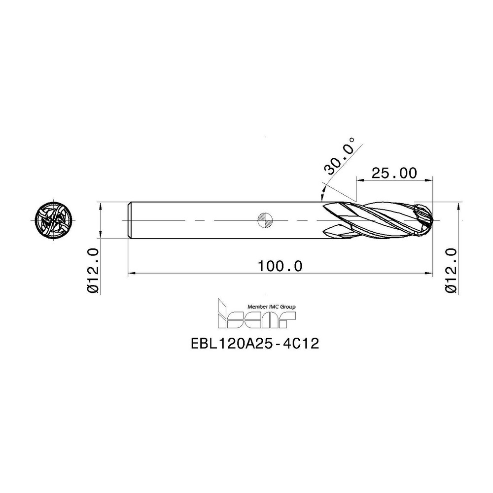 Iscar Ball End Mill 12.00 mm Dia, 25.00 mm LOC, 4 Flute, Solid