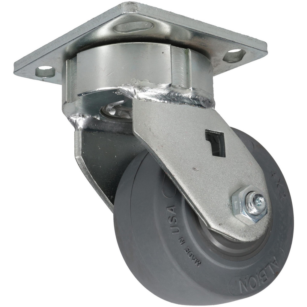 Albion Rigid & Swivel Top Plate Caster: Soft Rubber, 350 lb, 4" Dia, 2" Wide, 5-5/8" OAH - 4 x 4-1/2" Plate, 2-5/8 x 3-5/8 Slotted to 3 x 3" Bolt