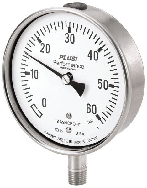 Ashcroft 94460XLL Pressure Gauge: 2-1/2" Dial, 0 to 1,000 psi, 1/4" Thread, Lower Mount 