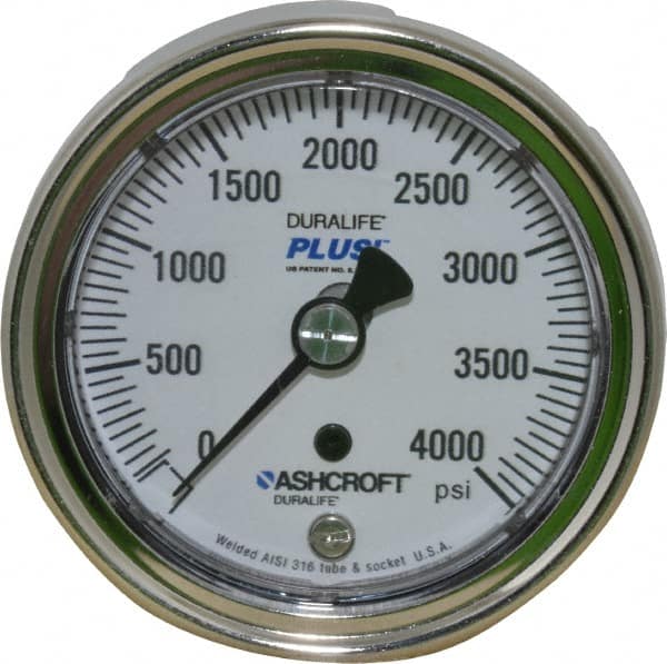 Ashcroft 251009S02BXLL4K Pressure Gauge: 2-1/2" Dial, 0 to 4,000 psi, 1/4" Thread, MNPT, Center Back Mount 