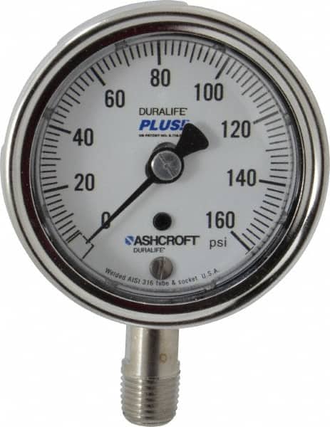Ashcroft 251009S02LLL160 Pressure Gauge: 2-1/2" Dial, 0 to 160 psi, 1/4" Thread, MNPT, Lower Mount 