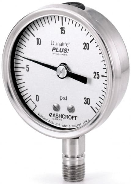 Ashcroft 251009A02BXLL1K Pressure Gauge: 2-1/2" Dial, 1/4" Thread, Center Back Mount 