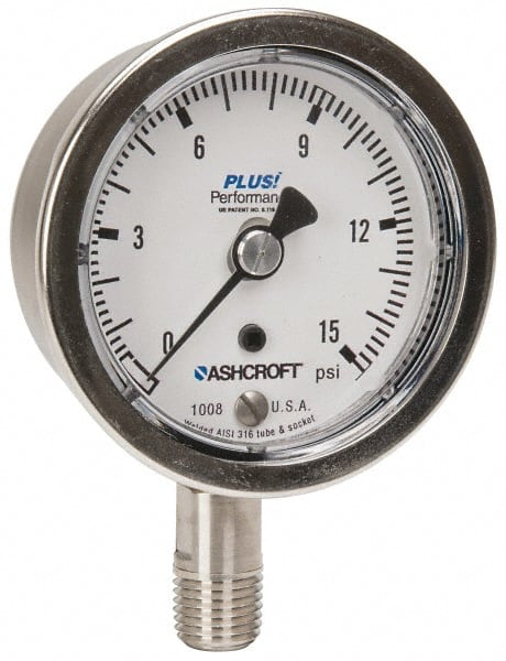 Ashcroft 82400XLL Pressure Gauge: 2-1/2" Dial, 1/4" Thread, Lower Mount 