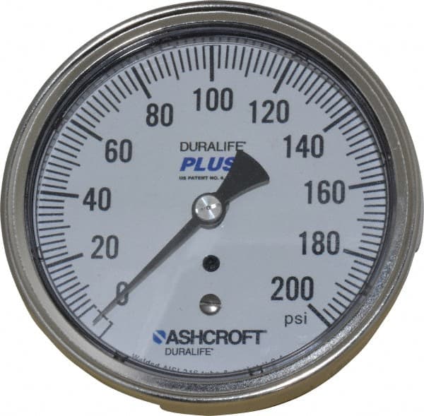 Ashcroft 83190XLL Pressure Gauge: 3-1/2" Dial, 0 to 200 psi, 1/4" Thread, MNPT, Center Back Mount 