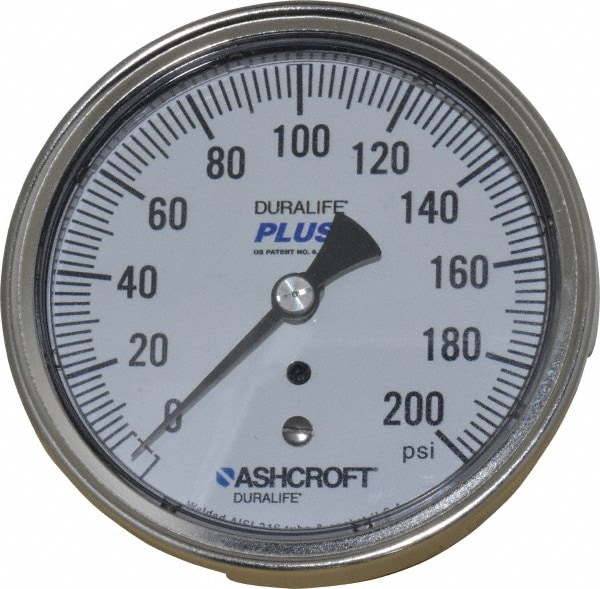 Ashcroft 83190XLL Pressure Gauge: 3-1/2" Dial, 0 to 200 psi, 1/4" Thread, MNPT, Center Back Mount Image