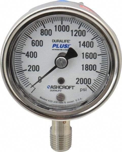 Ashcroft 94232XLL Pressure Gauge: 2-1/2" Dial, 0 to 2,000 psi, 1/4" Thread, MNPT, Lower Mount Image