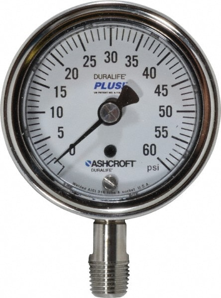 Ashcroft 94327XLL Pressure Gauge: 2-1/2" Dial, 0 to 60 psi, 1/4" Thread, MNPT, Lower Mount Image