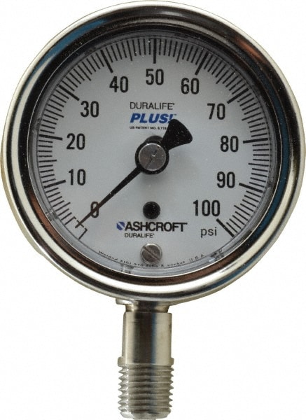 Ashcroft 94328XLL Pressure Gauge: 2-1/2" Dial, 0 to 100 psi, 1/4" Thread, MNPT, Lower Mount Image