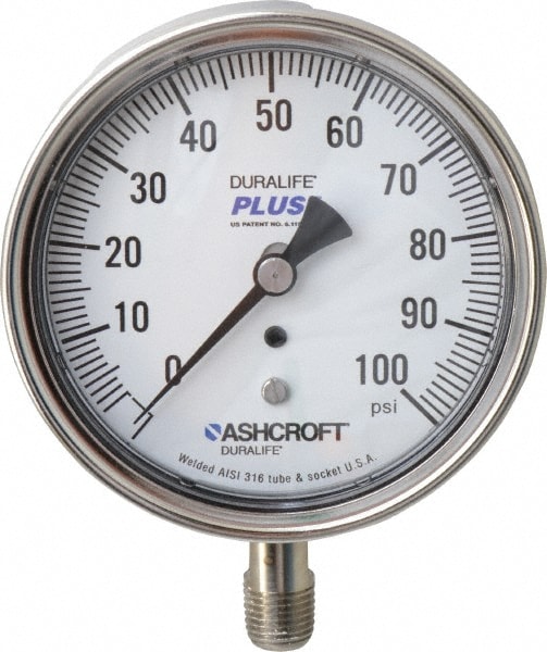 Ashcroft 94338XLL Pressure Gauge: 3-1/2" Dial, 0 to 100 psi, 1/4" Thread, MNPT, Lower Mount Image