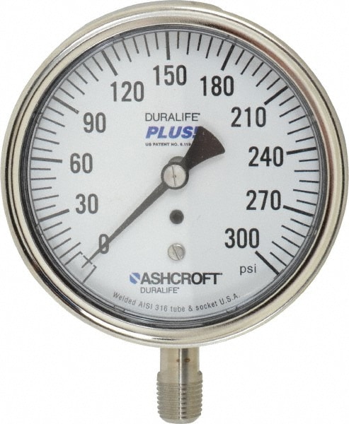 Ashcroft 94341XLL Pressure Gauge: 3-1/2" Dial, 0 to 300 psi, 1/4" Thread, MNPT, Lower Mount Image