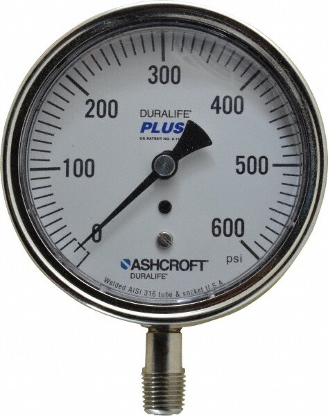 Ashcroft 94343XLL Pressure Gauge: 3-1/2" Dial, 0 to 600 psi, 1/4" Thread, MNPT, Lower Mount Image