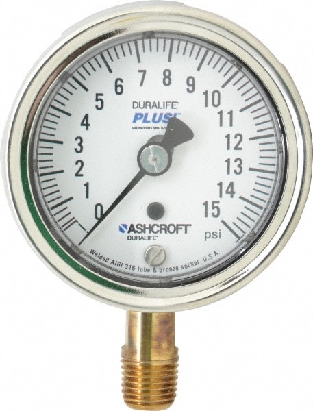 Ashcroft 94575XLL Pressure Gauge: 2-1/2" Dial, 0 to 15 psi, 1/4" Thread, MNPT, Lower Mount Image