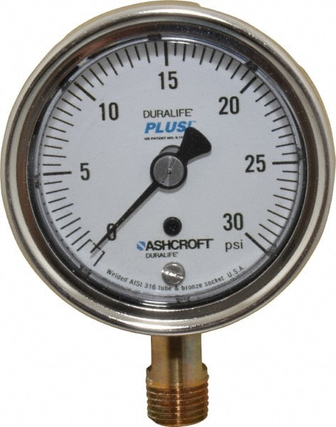 Ashcroft 94577XLL Pressure Gauge: 2-1/2" Dial, 0 to 30 psi, 1/4" Thread, MNPT, Lower Mount Image