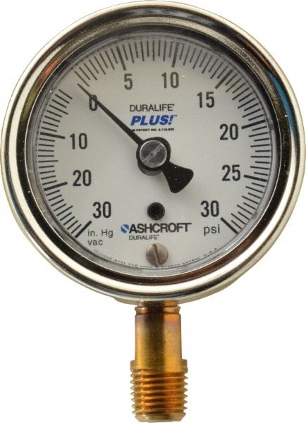 Ashcroft 94578XLL Pressure Gauge: 2-1/2" Dial, 0 to 30 psi, 1/4" Thread, MNPT, Lower Mount Image