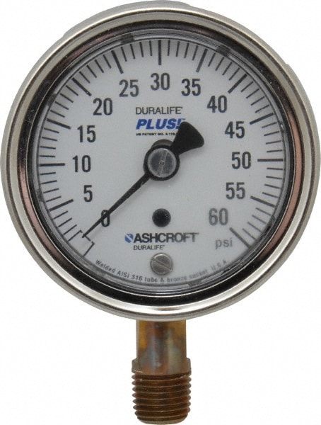 Ashcroft 94579XLL Pressure Gauge: 2-1/2" Dial, 0 to 60 psi, 1/4" Thread, MNPT, Lower Mount Image