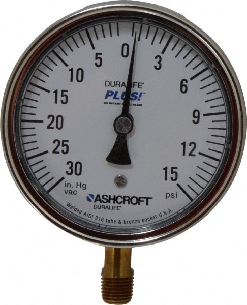 Ashcroft 94594XLL Pressure Gauge: 3-1/2" Dial, 0 to 15 psi, 1/4" Thread, MNPT, Lower Mount Image