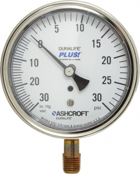 Ashcroft 94596XLL Pressure Gauge: 3-1/2" Dial, 0 to 30 psi, 1/4" Thread, MNPT, Lower Mount Image