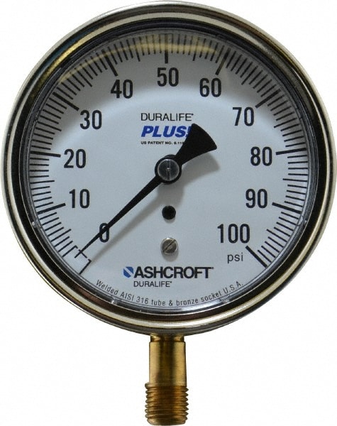 Ashcroft 94599XLL Pressure Gauge: 3-1/2" Dial, 0 to 100 psi, 1/4" Thread, MNPT, Lower Mount Image