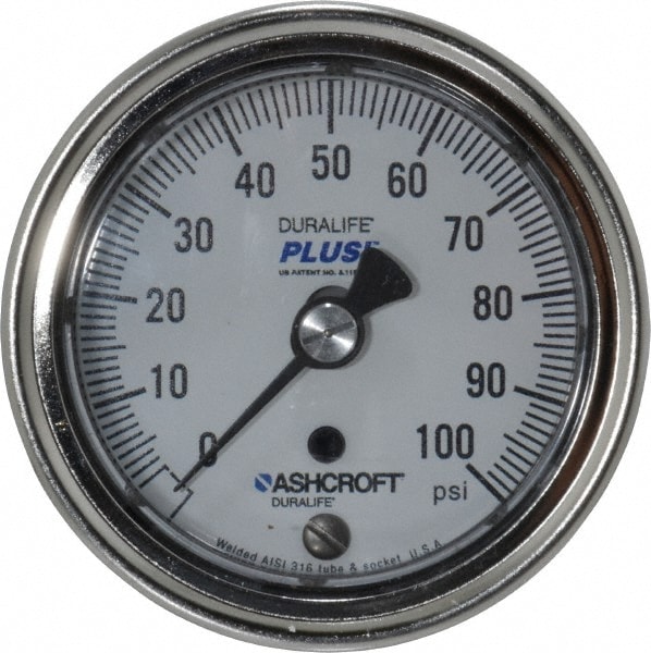 Ashcroft 94889XLL Pressure Gauge: 2-1/2" Dial, 0 to 100 psi, 1/4" Thread, MNPT, Center Back Mount Image