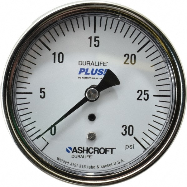 Ashcroft 94919XLL Pressure Gauge: 3-1/2" Dial, 0 to 30 psi, 1/4" Thread, MNPT, Center Back Mount Image