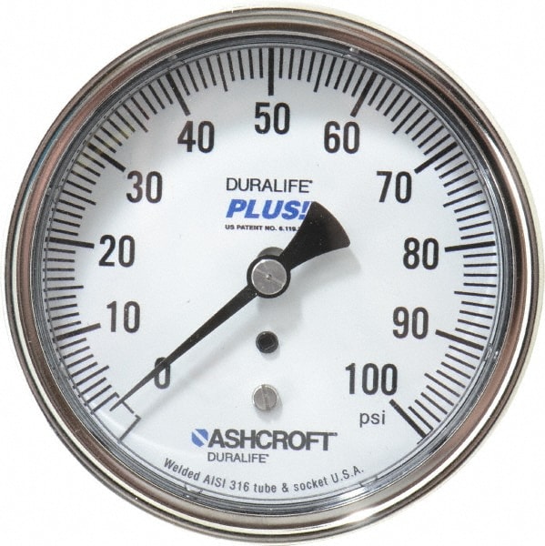 Ashcroft 94921XLL Pressure Gauge: 3-1/2" Dial, 0 to 100 psi, 1/4" Thread, MNPT, Center Back Mount Image