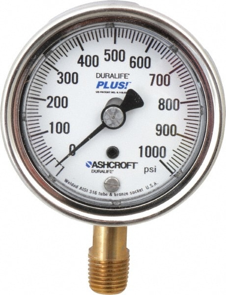 Ashcroft 95419XLL Pressure Gauge: 2-1/2" Dial, 0 to 1,000 psi, 1/4" Thread, MNPT, Lower Mount Image