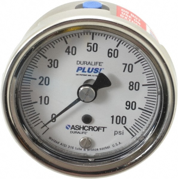 Ashcroft 95424XLL Pressure Gauge: 2-1/2" Dial, 0 to 100 psi, 1/4" Thread, MNPT, Center Back Mount Image