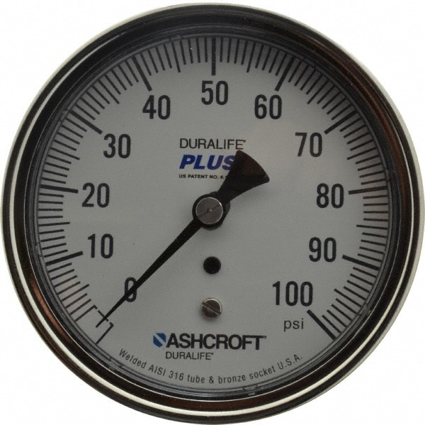 Ashcroft 95438XLL Pressure Gauge: 3-1/2" Dial, 0 to 100 psi, 1/4" Thread, MNPT, Center Back Mount Image