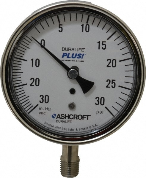 Ashcroft 95483XLL Pressure Gauge: 3-1/2" Dial, 0 to 30 psi, 1/4" Thread, MNPT, Lower Mount Image