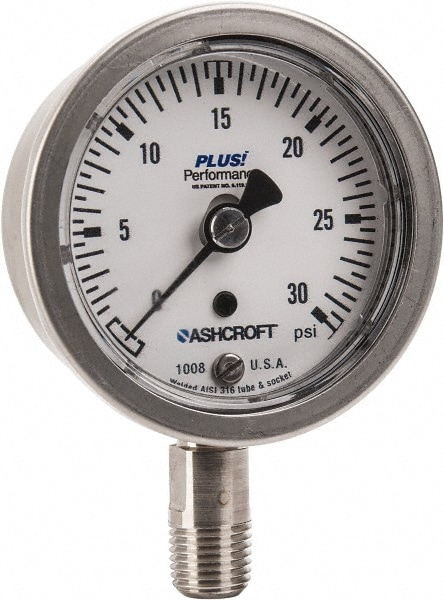 Ashcroft 95484XLL Pressure Gauge: 2-1/2" Dial, 0 to 30 psi, 1/4" Thread, Lower Mount Image