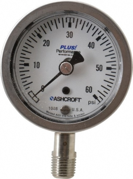 Ashcroft 95485XLL Pressure Gauge: 2-1/2" Dial, 0 to 60 psi, 1/4" Thread, Lower Mount Image