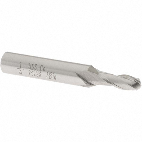 OSG 5210300 Ball End Mill: 0.25" Dia, 0.625" LOC, 2 Flute, Cobalt Image