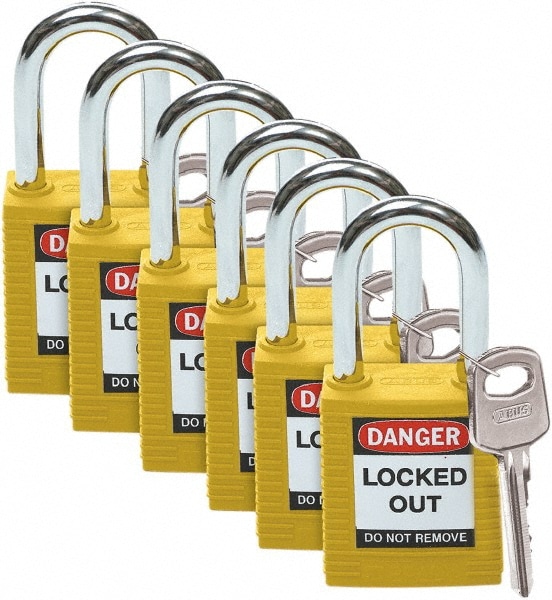 Lockout Padlock: Keyed Different, Key Retaining, Thermoplastic, 0.8" High, Steel Shackle, Yellow