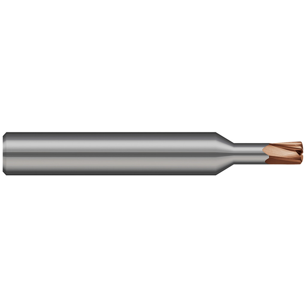 Harvey Tool High-Feed End Mill: 1/8" Dia, 1/8" LOC, 0.0157" Program Radius, 4 Flute, Solid Carbide - 2" OAL, 1/4" Shank Dia, Ti-Nano Finish, Single