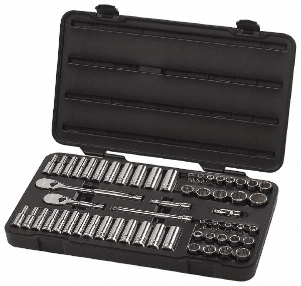 Socket Set: Deep & Standard, 57 Pc, 3/8" Drive, 1/4" Min, 1" Max - 12 Point, Chrome