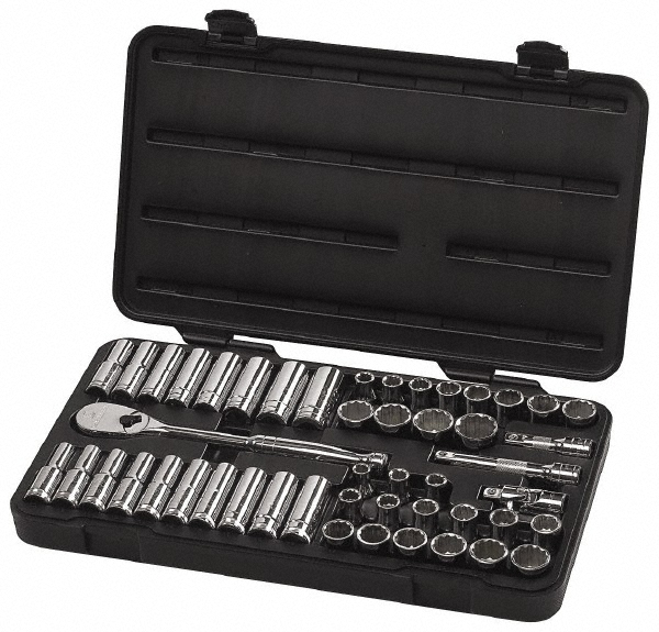 Socket Set: Deep Standard, 49 Pc, 1/2" Drive, 7/16 to 1-1/8", 10.00 to 24.00 mm - 12 Point, Chrome