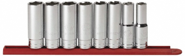 Socket Set: Deep, 8 Pc, 1/2" Drive, 1/2 to 15/16" - 6 Point, Chrome