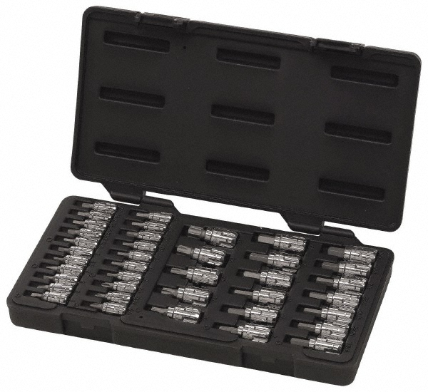Hex Bit Socket Set: 1/4 & 3/8" Drive, 39 Pc, 1/16 to 3/8" Hex - 1/16 to 3/8" Hex