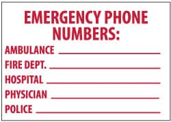 emergency phone numbers fire hospital dept physician ambulance safety police wide sign long rigid plastic nmc aluminum mscdirect