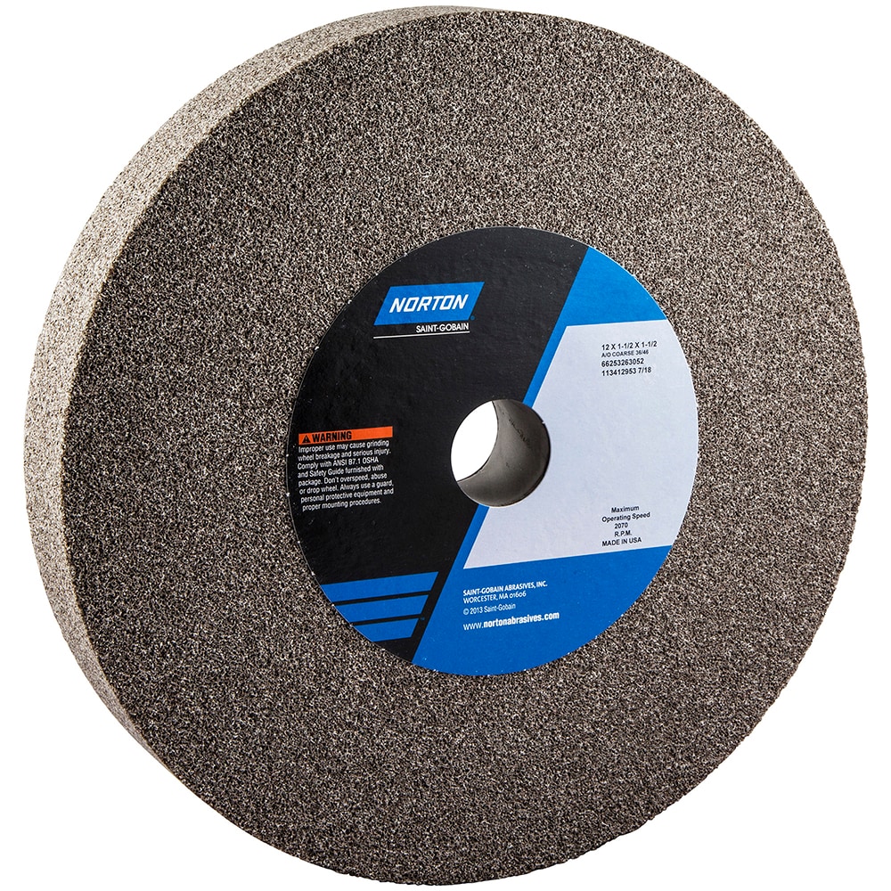 Norton 66253263052 Bench & Pedestal Grinding Wheel: 12" Dia, 1-1/2" Thick, 1-1/2" Hole Dia, Aluminum Oxide Image