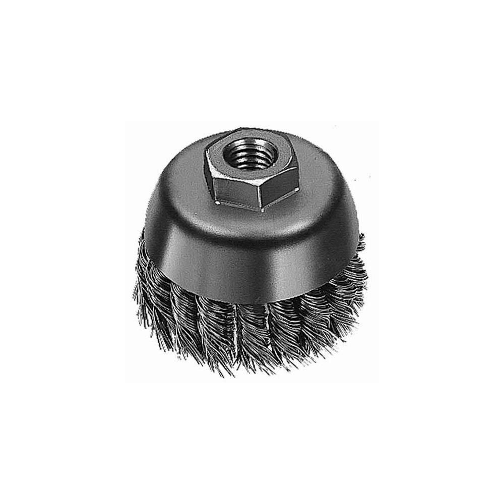 Cup Brush: 3" Dia, 0.023" Wire Dia, Steel, Knotted - 5/8-11 Arbor Hole, 7/8" Trim Length, 12,000 Max RPM