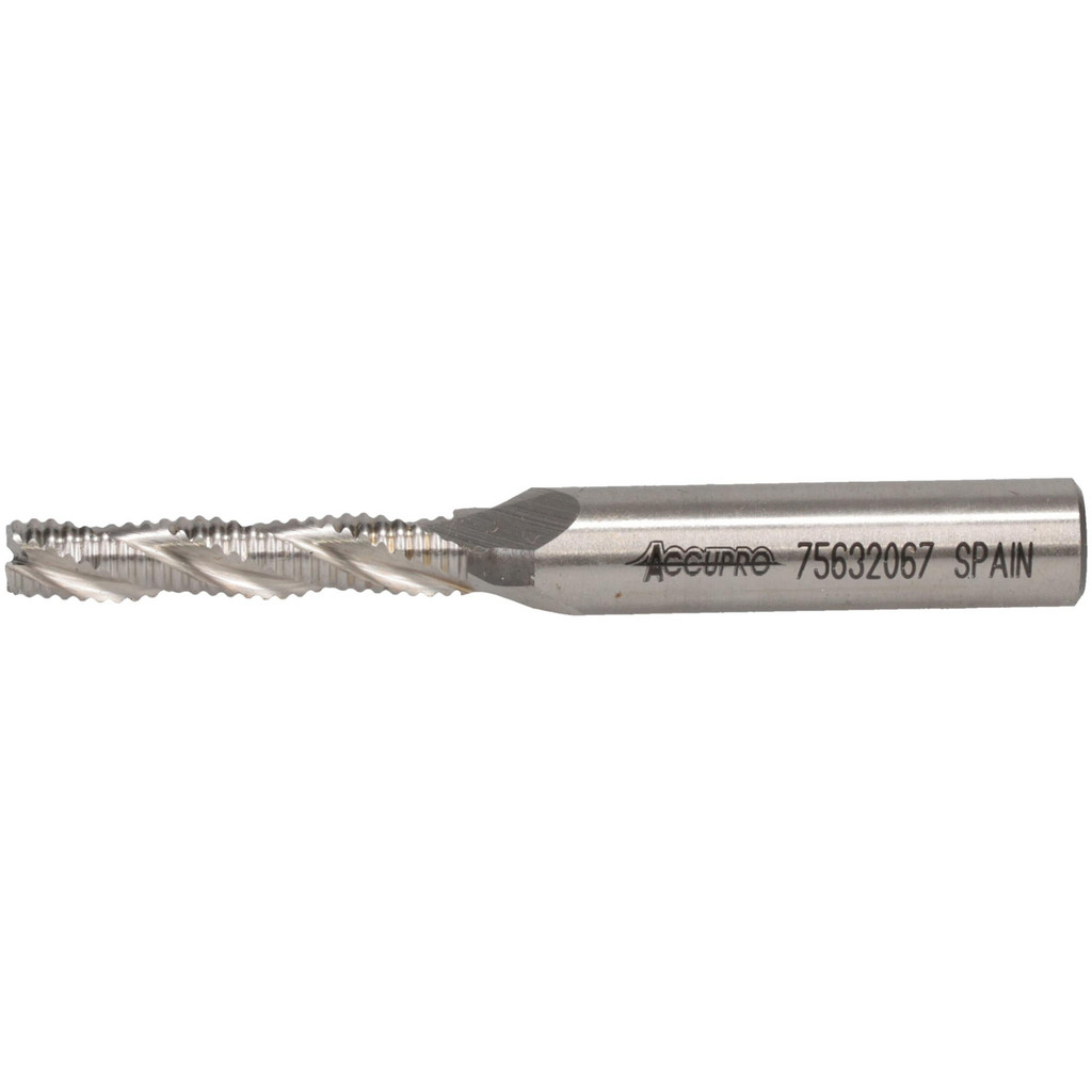 Accupro High Performance Milling Roughing End Mill: 1/4" Dia, Single End, Powdered Metal - 1-1/4" LOC, 3-1/16" OAL, 3/8" Shank Dia, 30 deg Helix