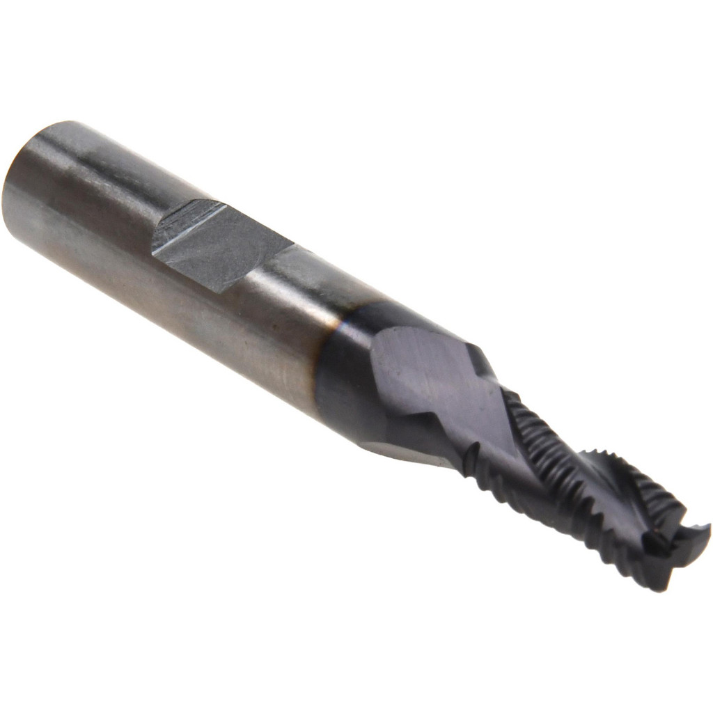 Accupro High Performance Milling Roughing End Mill: 1/4" Dia, Single End, Powdered Metal - 5/8" LOC, 2-7/16" OAL, 3/8" Shank Dia, 30 deg Helix, TiAlN